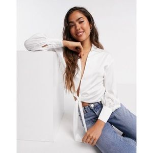 River Island Satin Luxe Front Knot Shirt - White US 12/UK 16